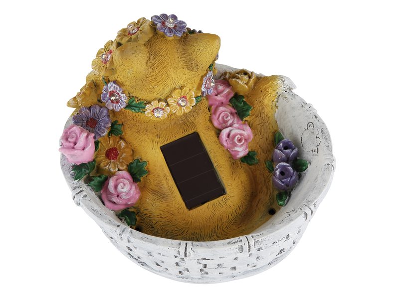 Verspielte LED Deko Solarleuchte Katze und Blumen im Korb, Höhe 15cm