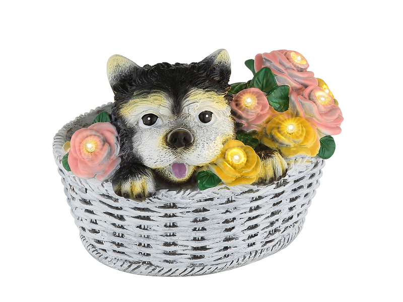 Verspielte LED Deko Solarleuchte Hund und Blumen im Korb, Höhe 13,5cm