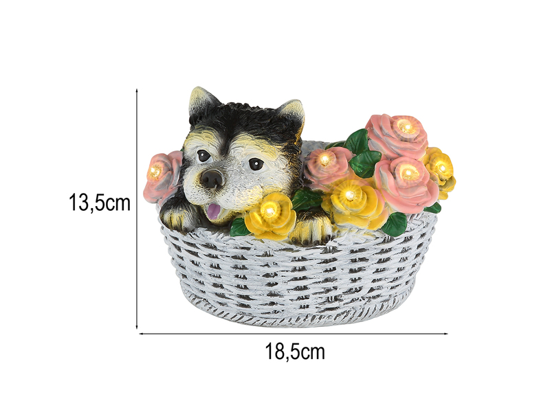 Verspielte LED Deko Solarleuchte Hund und Blumen im Korb, Höhe 13,5cm