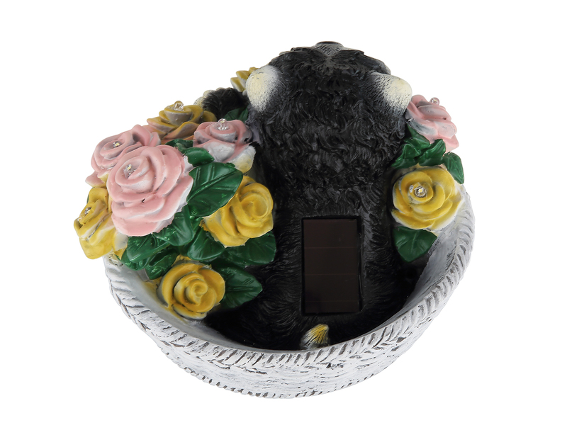 Verspielte LED Deko Solarleuchte Hund und Blumen im Korb, Höhe 13,5cm