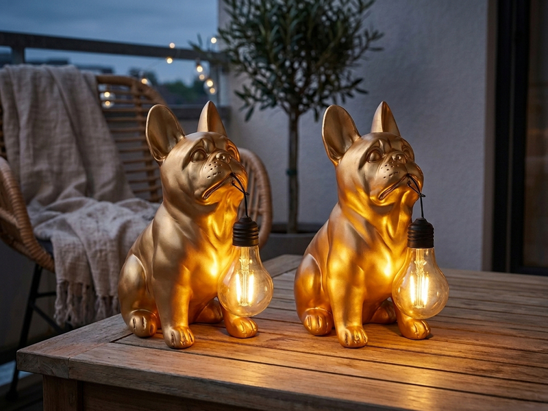 2er Set LED Deko Solarleuchten Hundelampe Bulldogge in Gold, Höhe 24,5cm