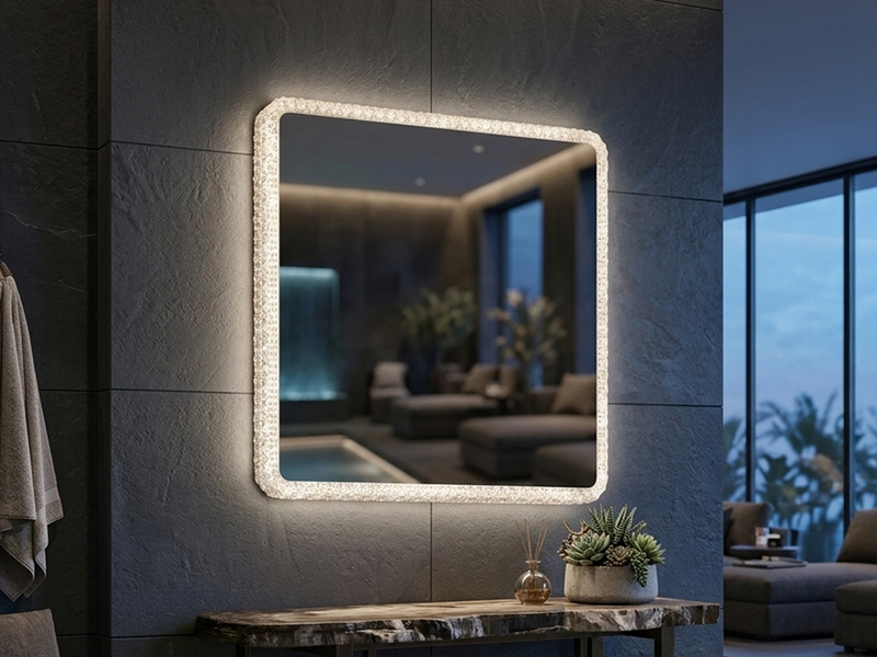 LED Wandleuchte MIRROR Badspiegel mit Beleuchtung Glasschirm Großes Quadrat 55cm