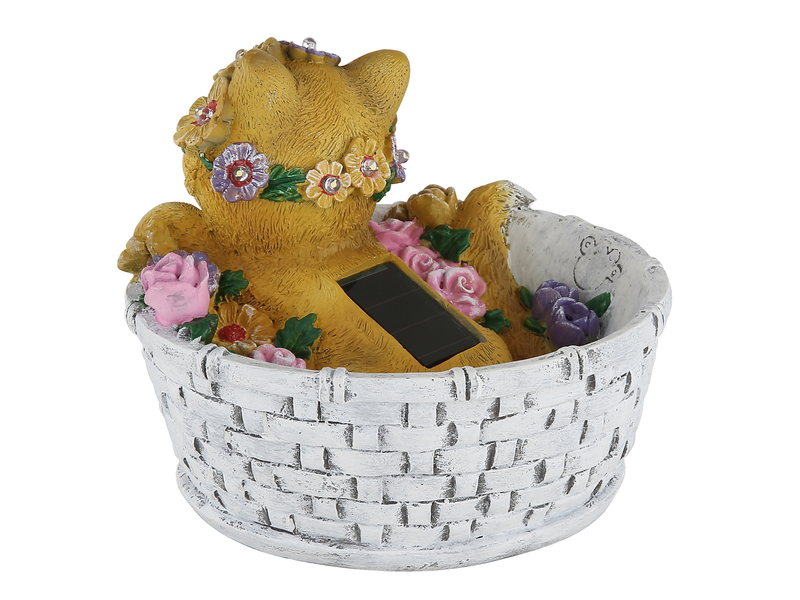 2er Set LED Deko Solarleuchten Katze und Blumen im Korb, Höhe 15cm