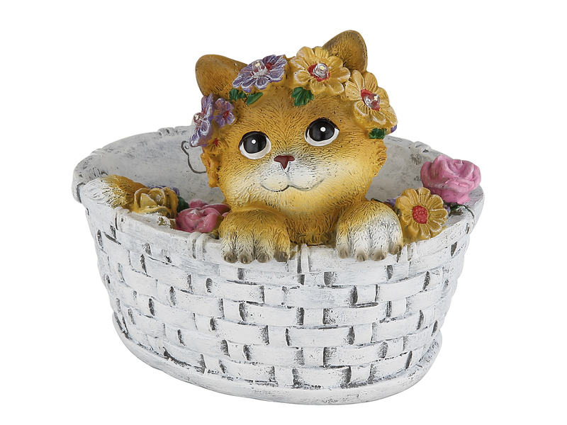 2er Set LED Deko Solarleuchten Katze und Blumen im Korb, Höhe 15cm
