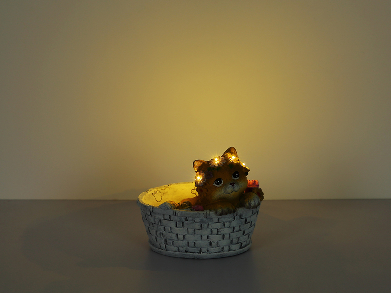 2er Set LED Deko Solarleuchten Katze und Blumen im Korb, Höhe 15cm