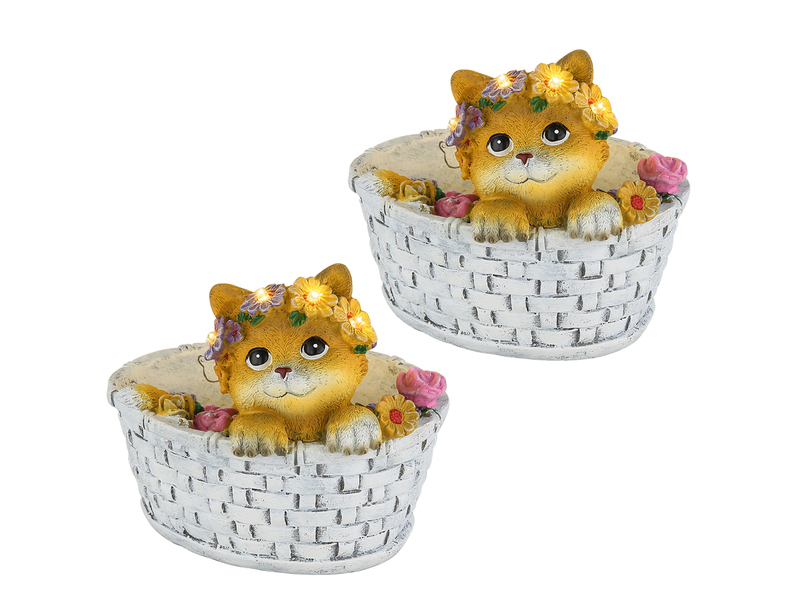 2er Set LED Deko Solarleuchten Katze und Blumen im Korb, Höhe 15cm