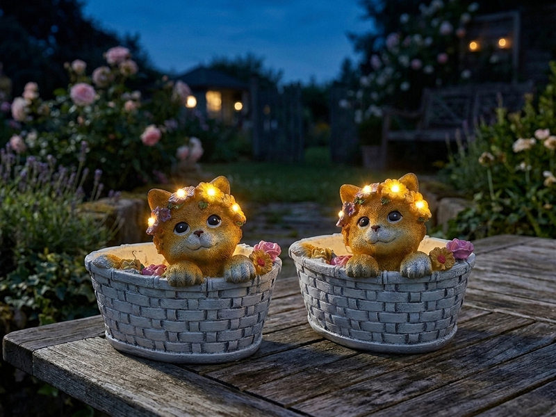 2er Set LED Deko Solarleuchten Katze und Blumen im Korb, Höhe 15cm