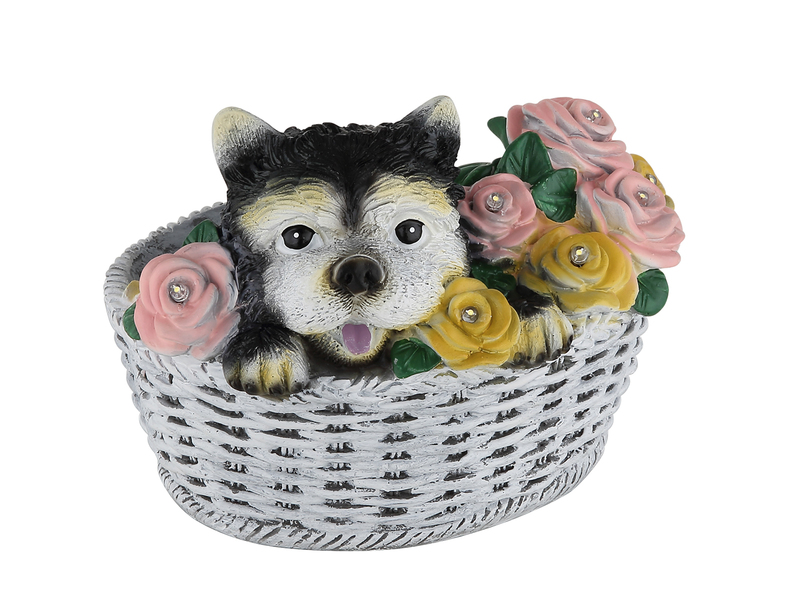 2er Set LED Deko Solarleuchten Hund und Blumen im Korb, Höhe 13,5cm