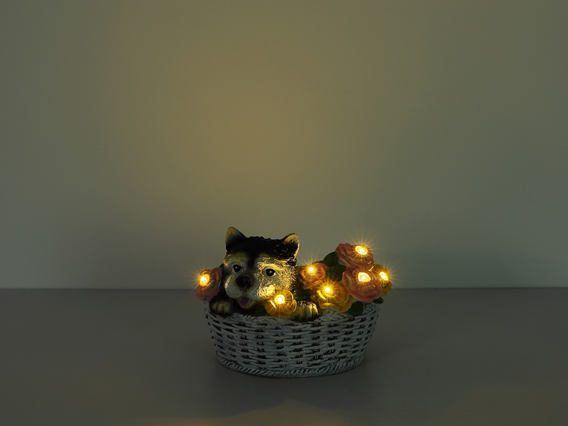 2er Set LED Deko Solarleuchten Hund und Blumen im Korb, Höhe 13,5cm