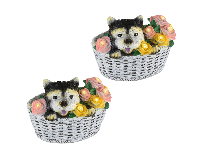 2er Set LED Deko Solarleuchten Hund und Blumen im Korb, Höhe 13,5cm