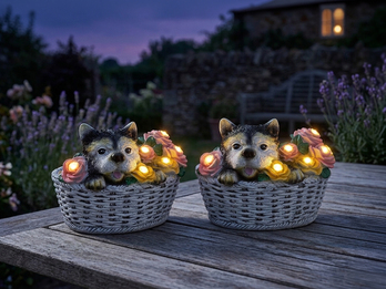 2er Set LED Deko Solarleuchten Hund und Blumen im Korb, Höhe 13,5cm