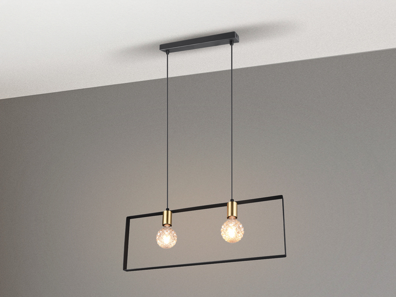 Retro Pendelleuchte SLIM 2-flammig Metall Schwarz Gold, Breite 70cm