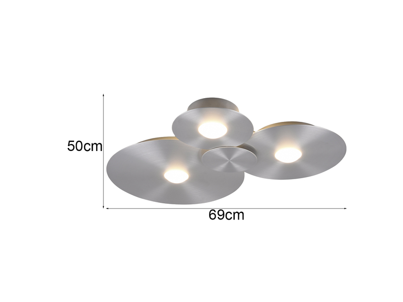 Deckenleuchte GRAVITY flach, 3 Scheiben mit LED Ringen, Alu gebürstet, B: 69cm