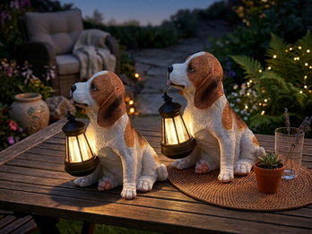 2er Set LED Deko Solarleuchten Hundelampe mit Laterne in Braun-Weiß, Höhe 26cm