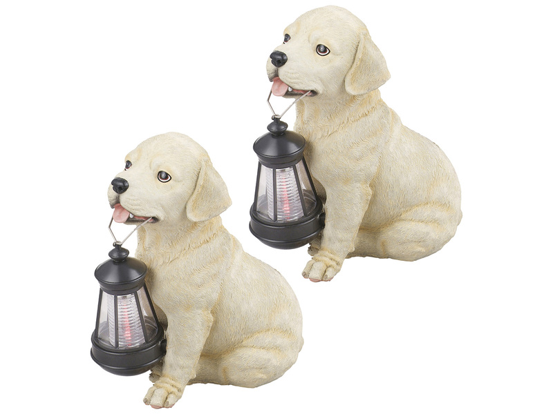 2er Set LED Solarleuchten Hundelampe Welpe mit Laterne in Beige-Weiß, Höhe 26cm