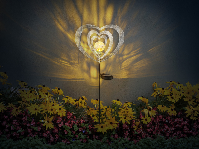 LED Solar Gartenstecker mit drehbaren Herzen & Erdspieß Silber-Grau, Höhe 82cm