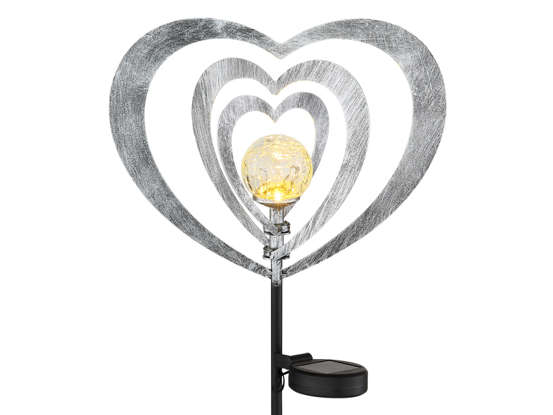 LED Solar Gartenstecker mit drehbaren Herzen & Erdspieß Silber-Grau, Höhe 82cm