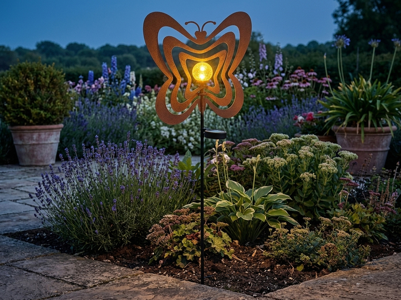 LED Solar Gartenstecker mit drehbaren Schmetterlingen in Rostoptik, Höhe 83cm