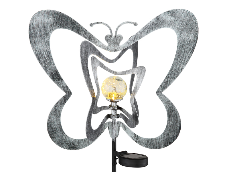 LED Solar Gartenstecker mit drehbaren Schmetterlingen in Silber-Grau, Höhe 83cm