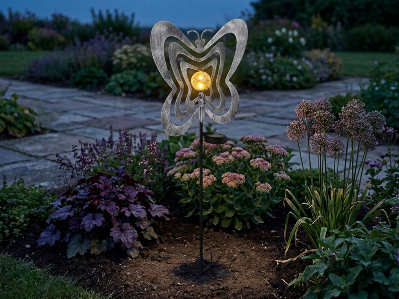 LED Solar Gartenstecker mit drehbaren Schmetterlingen in Silber-Grau, Höhe 83cm