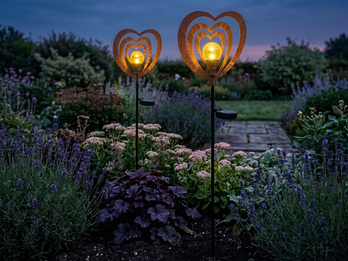 2er Set LED Solar Gartenstecker mit drehbaren Herzen in Rostoptik, Höhe 82cm