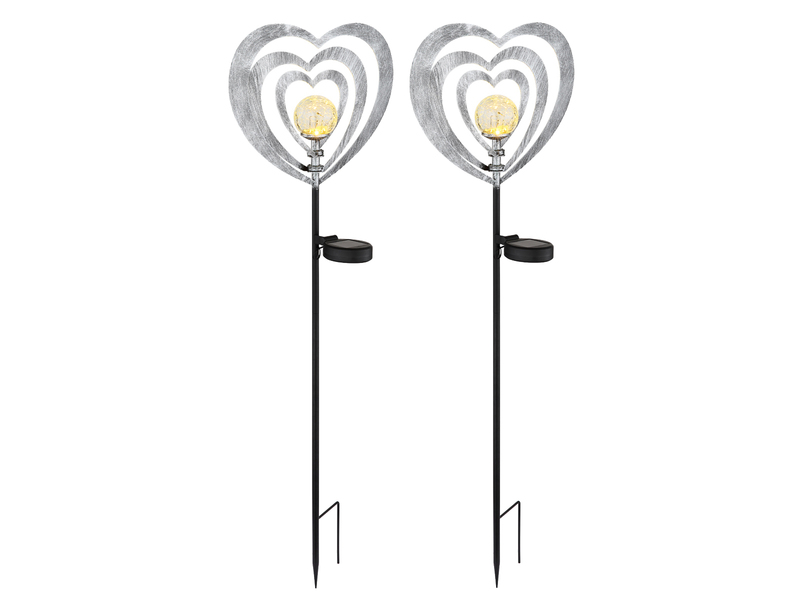 2er Set LED Solar Gartenstecker mit drehbaren Herzen in Silber-Grau, Höhe 82cm
