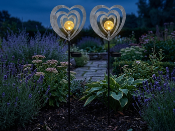 2er Set LED Solar Gartenstecker mit drehbaren Herzen in Silber-Grau, Höhe 82cm