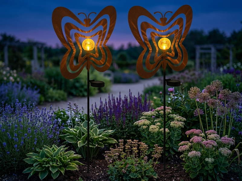 2er Set LED Solar Gartenstecker mit drehbaren Schmetterlingen Rostoptik, H: 83cm