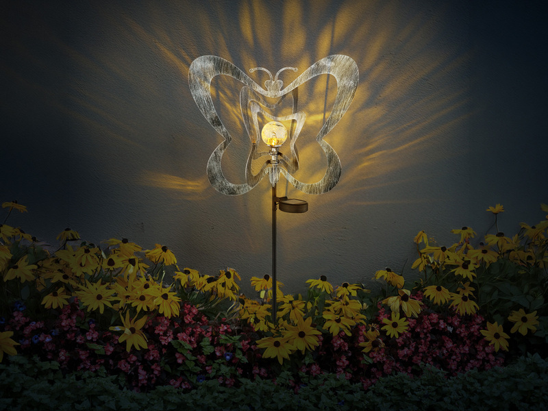 2er Set LED Solar Gartenstecker mit drehbaren Schmetterlingen Silber-Grau, 83cm