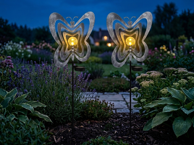 2er Set LED Solar Gartenstecker mit drehbaren Schmetterlingen Silber-Grau, 83cm