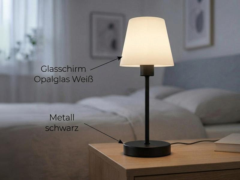 Tischlampe MATHA II Schwarz Glasschirm Weiß mit Touchfunktion, Höhe 32cm