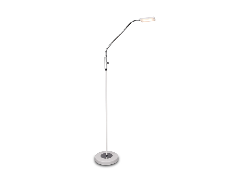 Kleine LED Stehlampe SANDOR Leselampe dimmbar aus Metall Weiß & Chrom Höhe 130cm