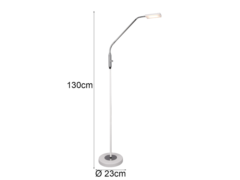 Kleine LED Stehlampe SANDOR Leselampe dimmbar aus Metall Weiß & Chrom Höhe 130cm