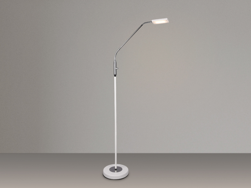 Kleine LED Stehlampe SANDOR Leselampe dimmbar aus Metall Weiß & Chrom Höhe 130cm