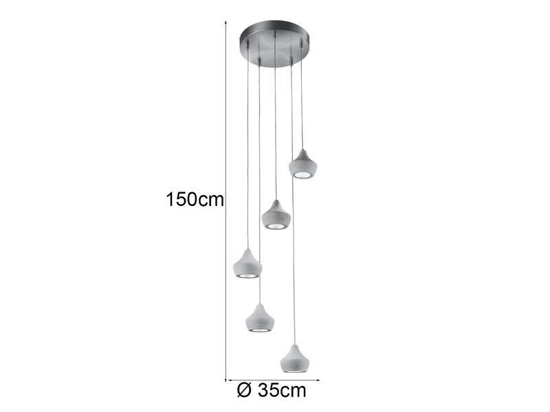 LED Pendelleuchte 5-flammig Metall Silber, Schirme Beton, Ø 35cm
