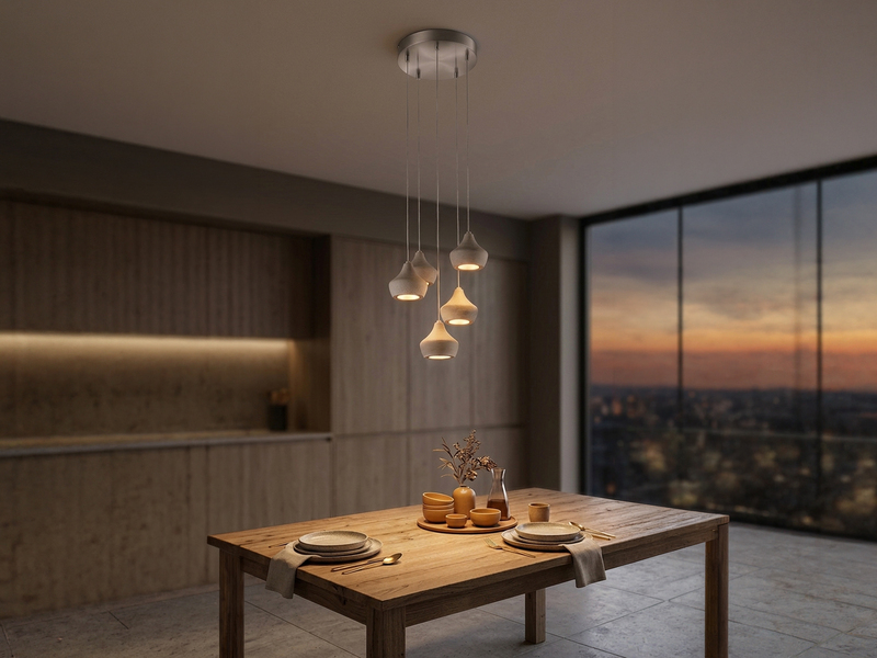 LED Pendelleuchte 5-flammig Metall Silber, Schirme Beton, Ø 35cm