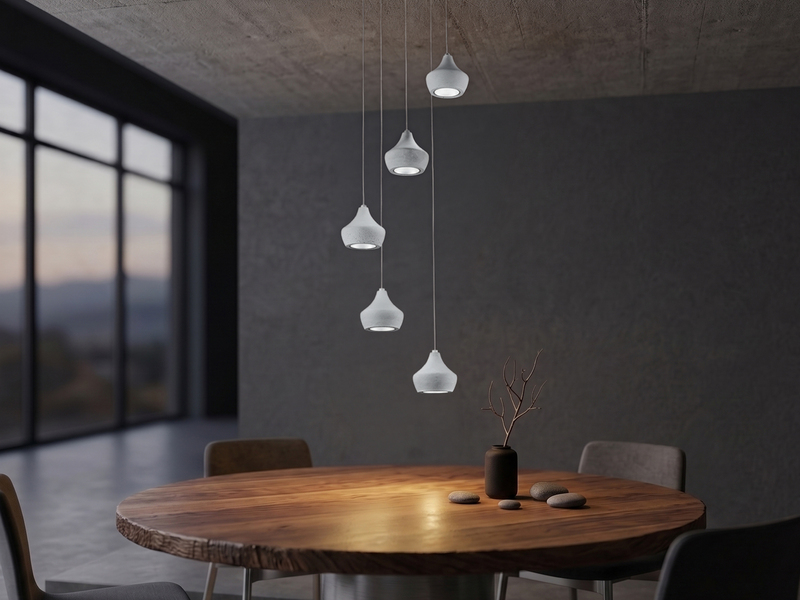 LED Pendelleuchte 5-flammig Metall Silber, Schirme Beton, Ø 35cm