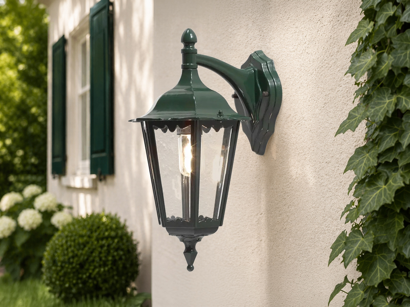 Große LED Außenwandleuchte Laterne hängend aus Aluminium Grün, Höhe 45cm