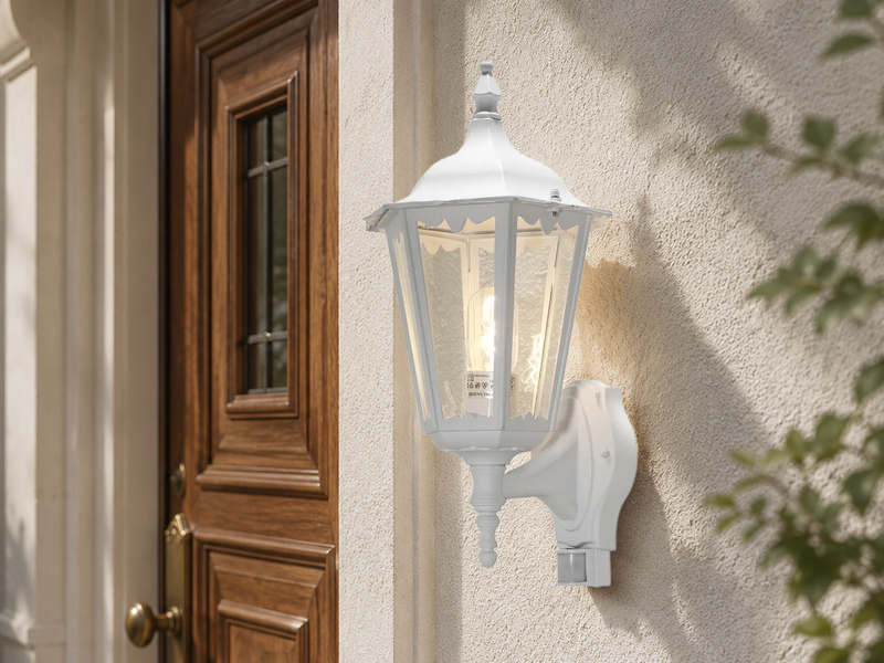 Außenwandleuchte mit Bewegungsmelder, antike E27 LED Wandlaterne, Weiß Höhe 48cm