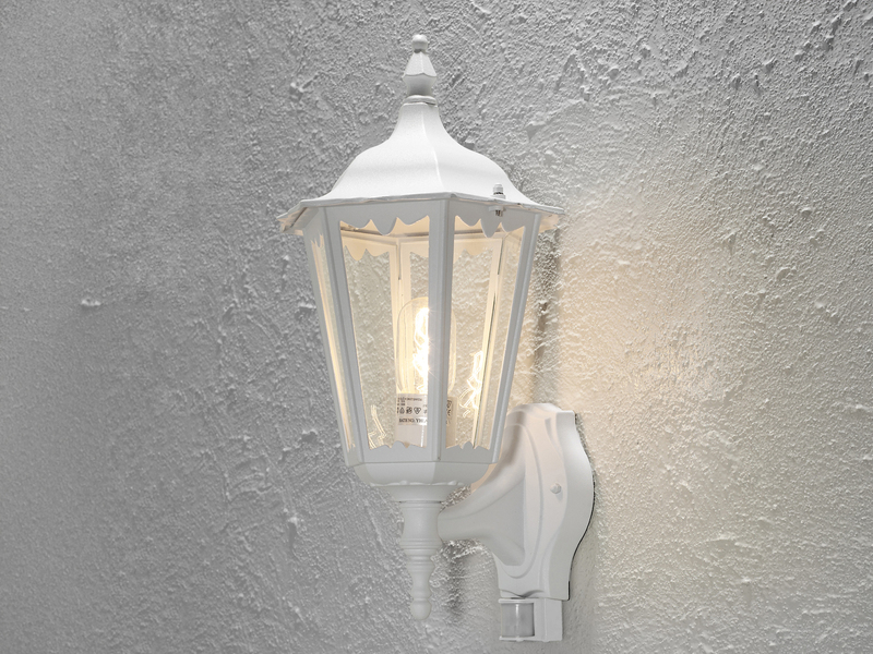 Außenwandleuchte mit Bewegungsmelder, antike E27 LED Wandlaterne, Weiß Höhe 48cm