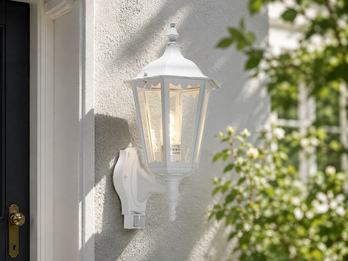Außenwandleuchte mit Bewegungsmelder, antike E27 LED Wandlaterne, Weiß Höhe 48cm