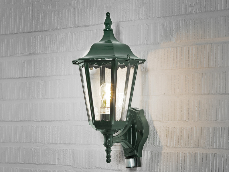 Außenwandleuchte mit Bewegungsmelder, antike E27 LED Wandlaterne, Grün Höhe 48cm
