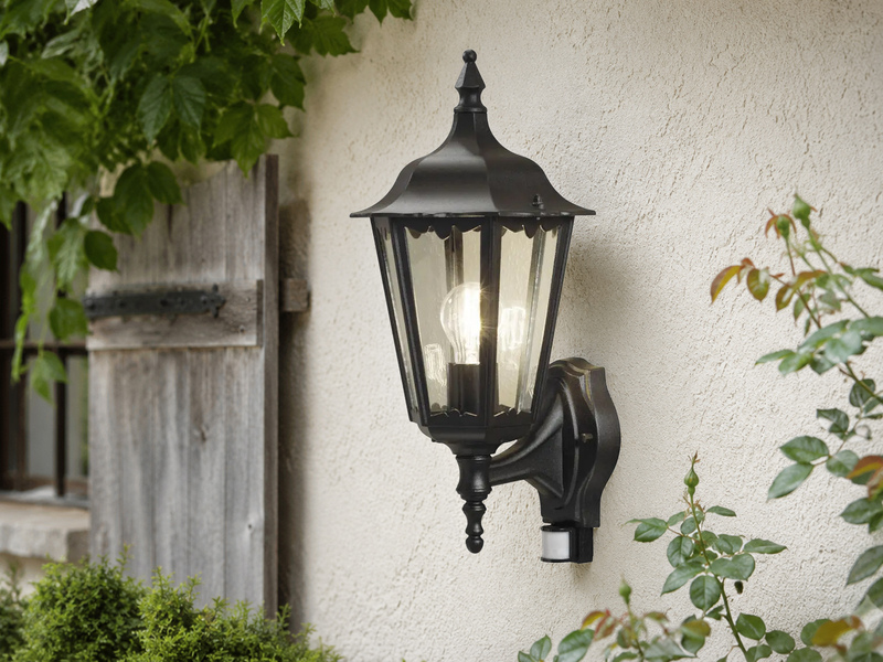 Außenwandleuchte mit Bewegungsmelder, E27 LED Wandlaterne, Schwarz, Höhe 48cm