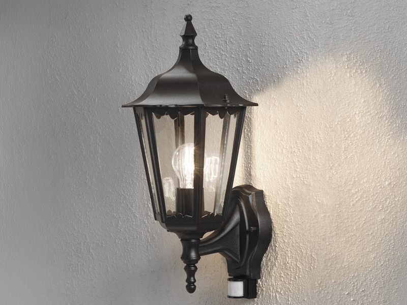 Außenwandleuchte mit Bewegungsmelder, E27 LED Wandlaterne, Schwarz, Höhe 48cm