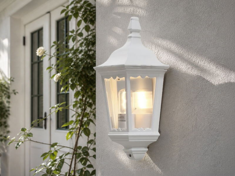 LED Außenwandleuchte Laternen Halbschale, E27, Aluminium Weiß, Höhe 44,5cm