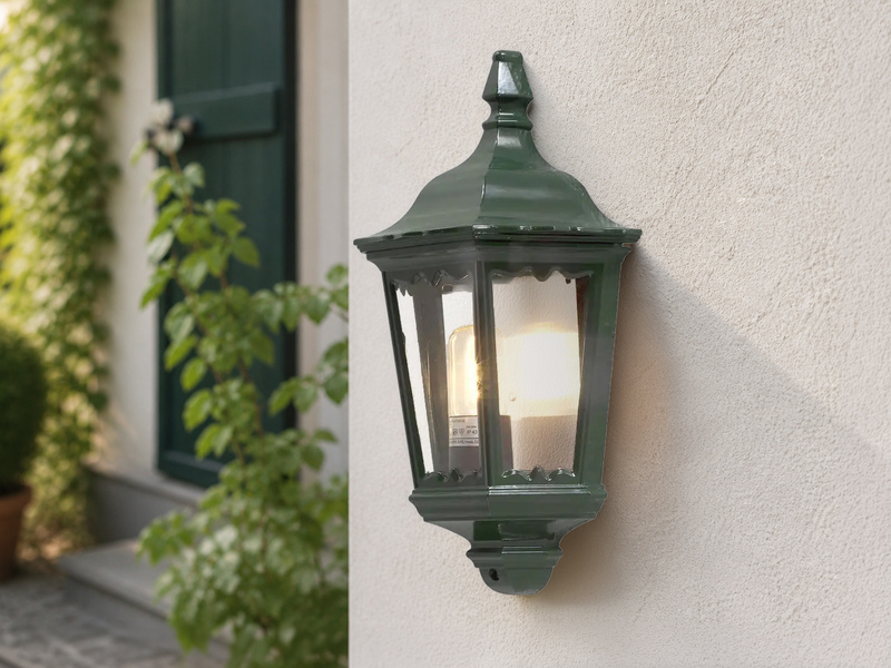 LED Außenwandleuchte Laternen Halbschale, E27, Aluminium Grün, Höhe 44,5cm