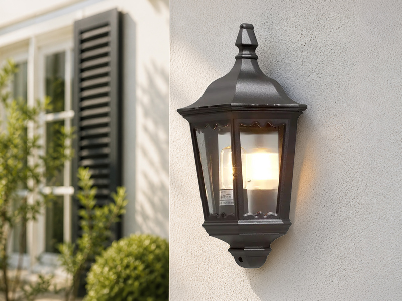 LED Außenwandleuchte Laternen Halbschale, E27, Aluminium Schwarz, Höhe 44,5cm