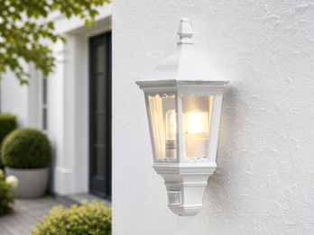 LED Außenwandleuchte mit Bewegungsmelder, Laternen Halbschale, Weiß Höhe 49,5cm