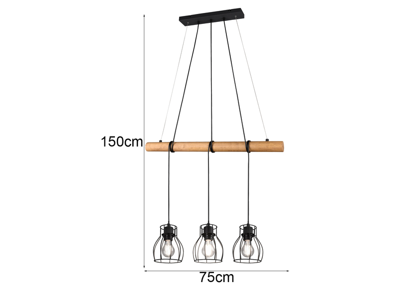 Industrial Pendelleuchte IONA 3-flammig Metall Schwarz mit Holzbalken, B: 75cm