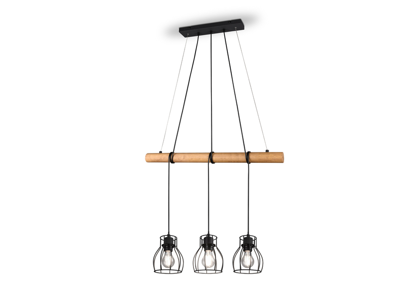 Industrial Pendelleuchte IONA 3-flammig Metall Schwarz mit Holzbalken, B: 75cm